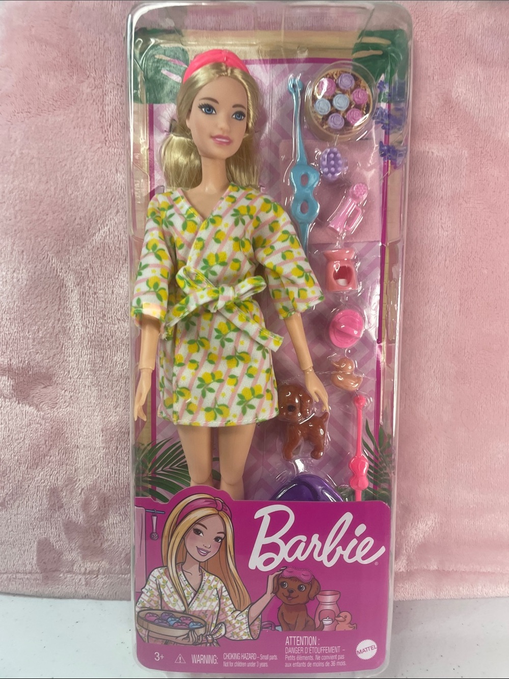 Barbie Yellow Floral Robe Doll with Pink Headband and Spa Accessories